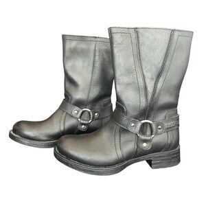 Liberto Women Black Mid-calf Leather Boots Moto Grunge Round Toe Harness 7.5-8